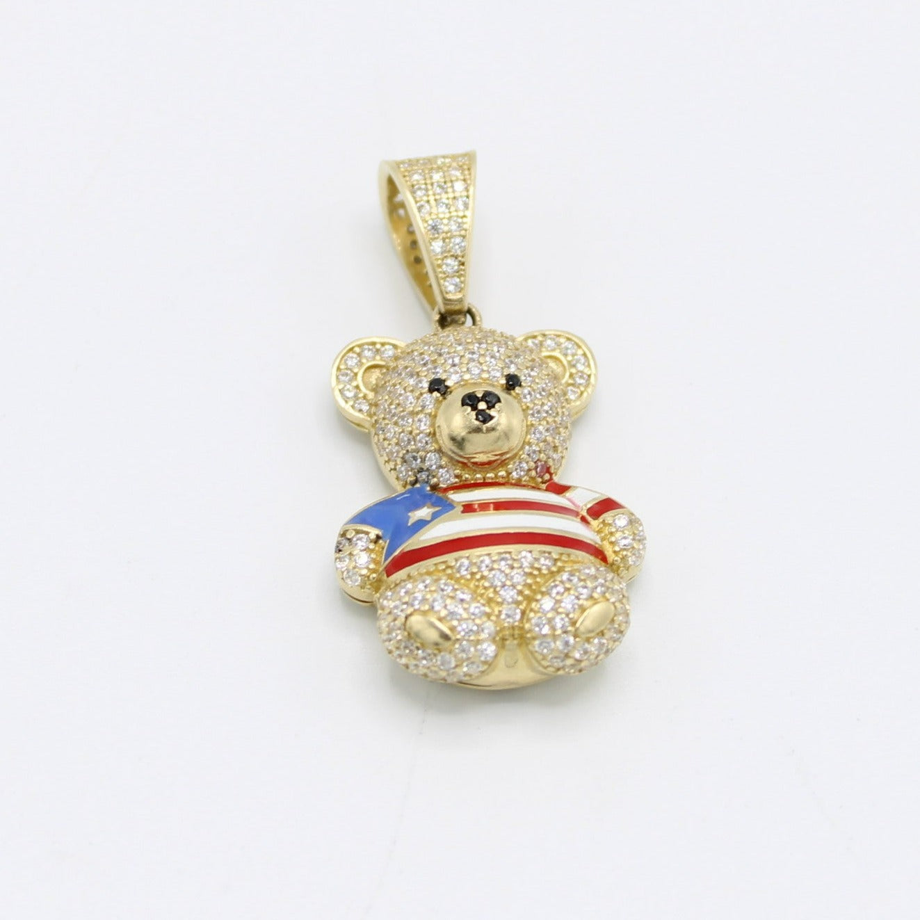 14K Teddy Bear with Puerto Rico Flag Cz Stones Yellow Gold