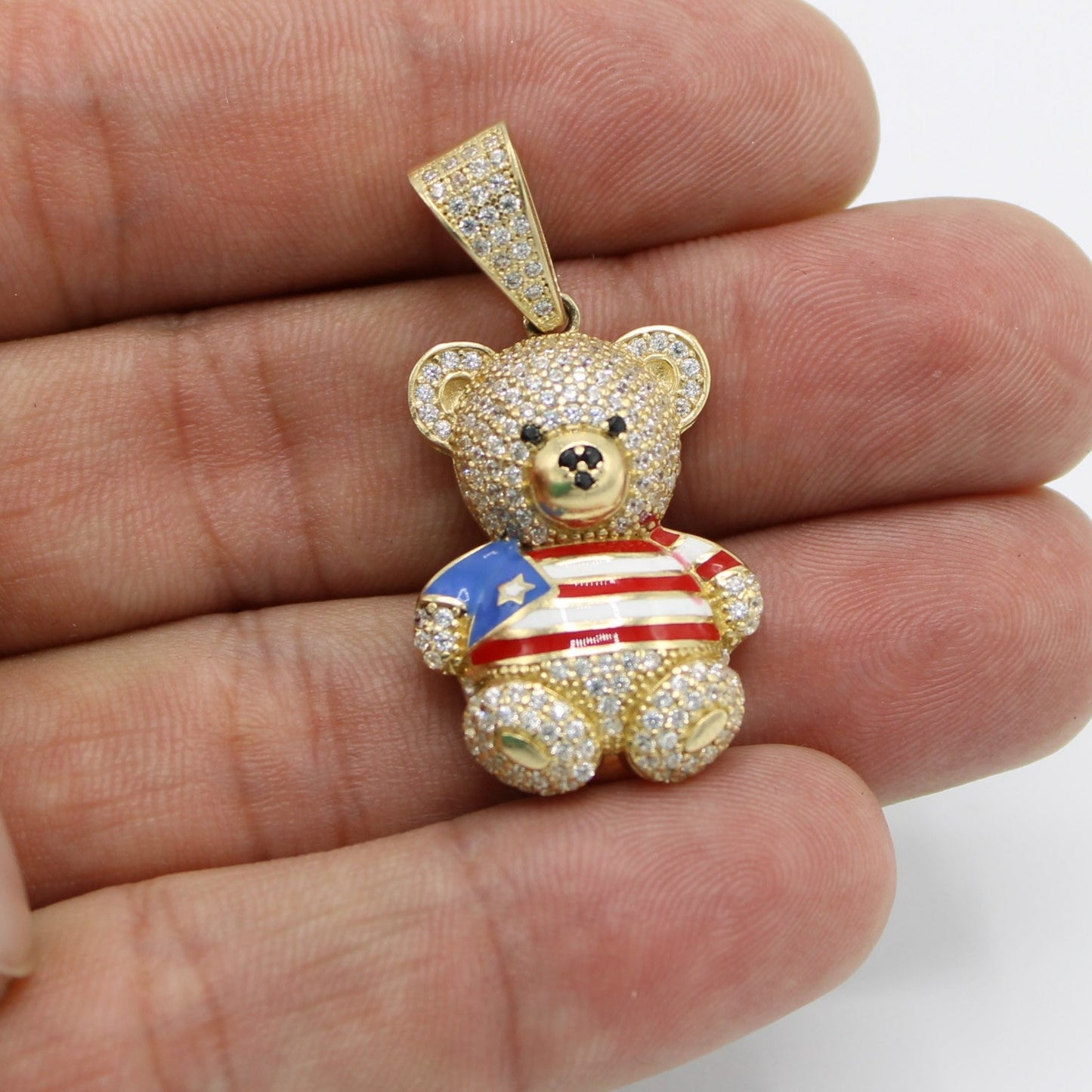 14K Teddy Bear with Puerto Rico Flag Cz Stones Yellow Gold