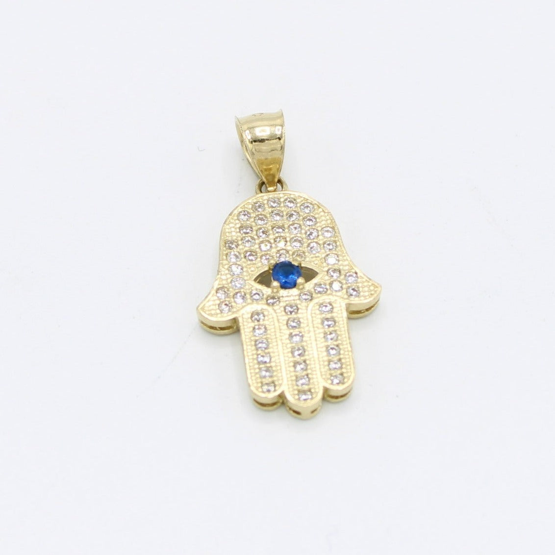 14K Hamsa Pendant Cz (Blue)Stones Yellow Gold