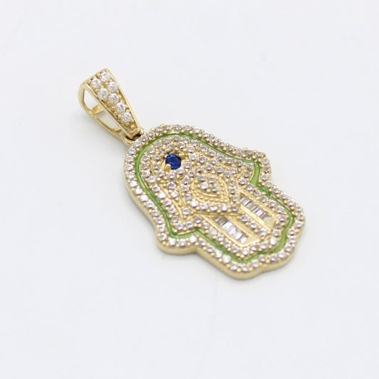 14K Hamsa Pendant Cz (Blue) Stones Yellow Gold