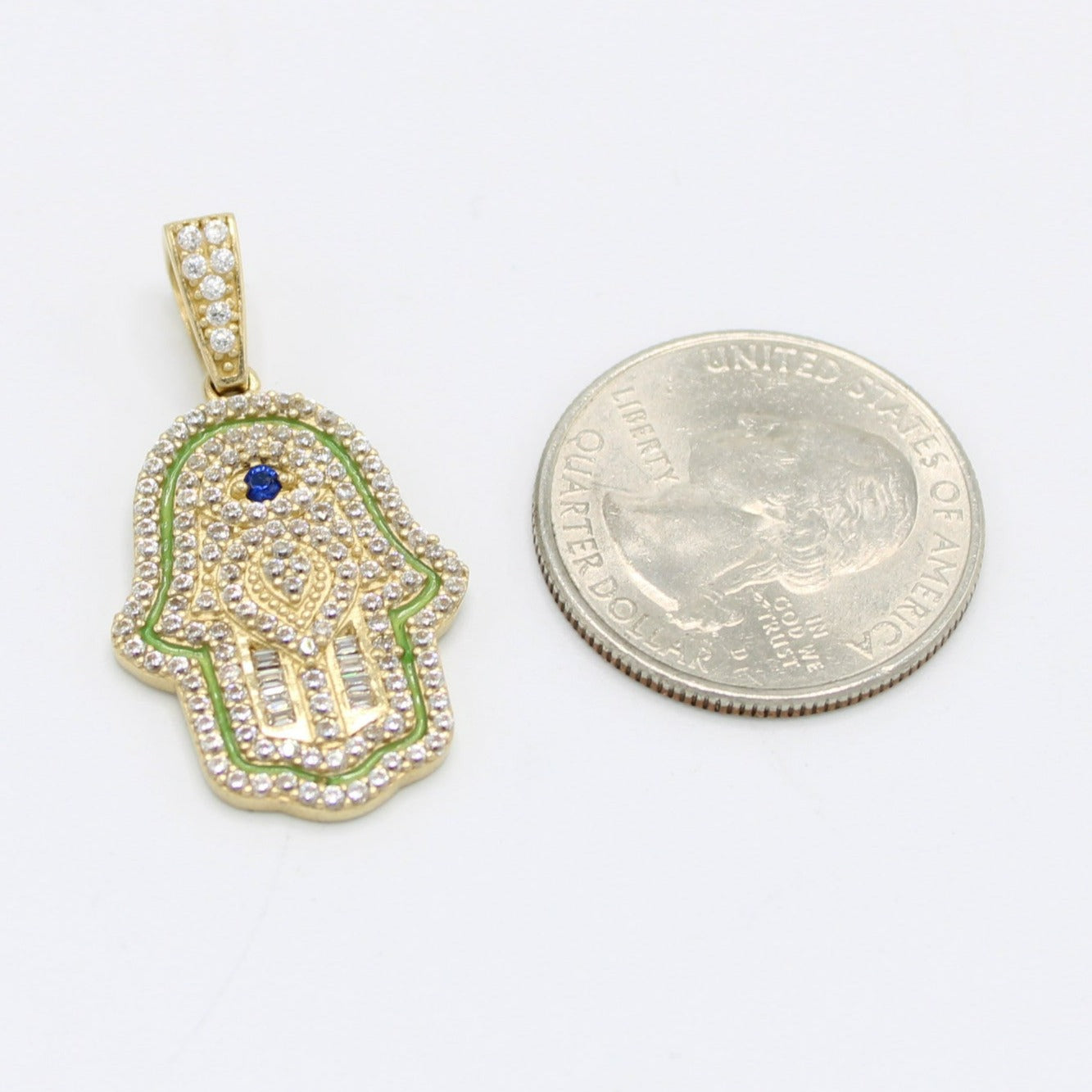 14K Hamsa Pendant Cz (Blue) Stones Yellow Gold