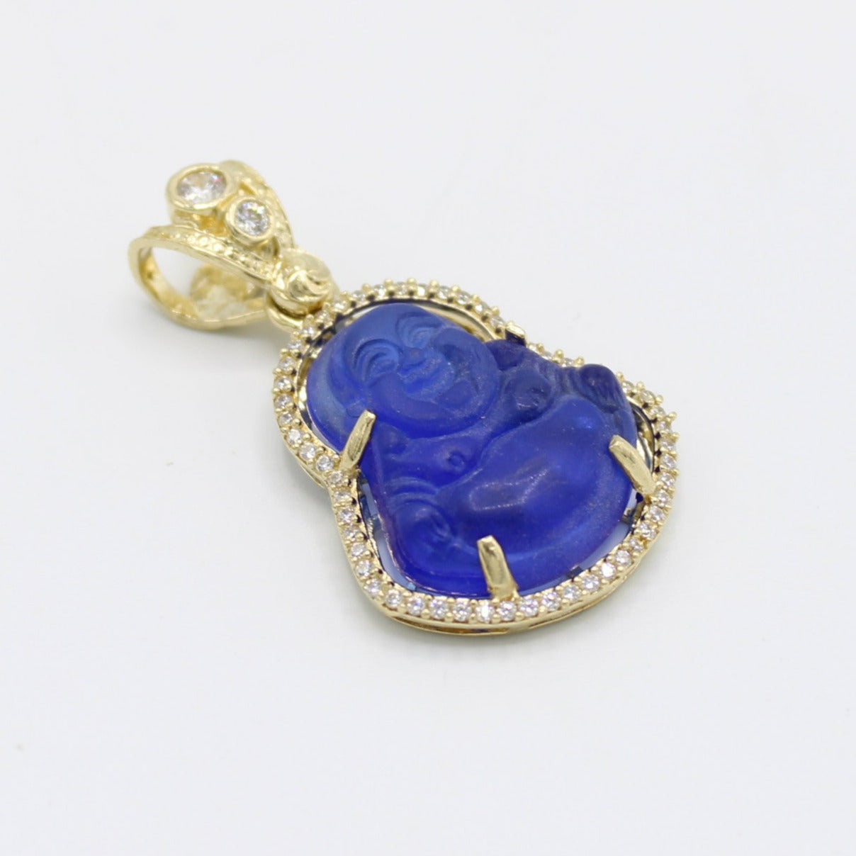 14K Buda Pendant ( Blue ) Cz Stones Yellow Gold