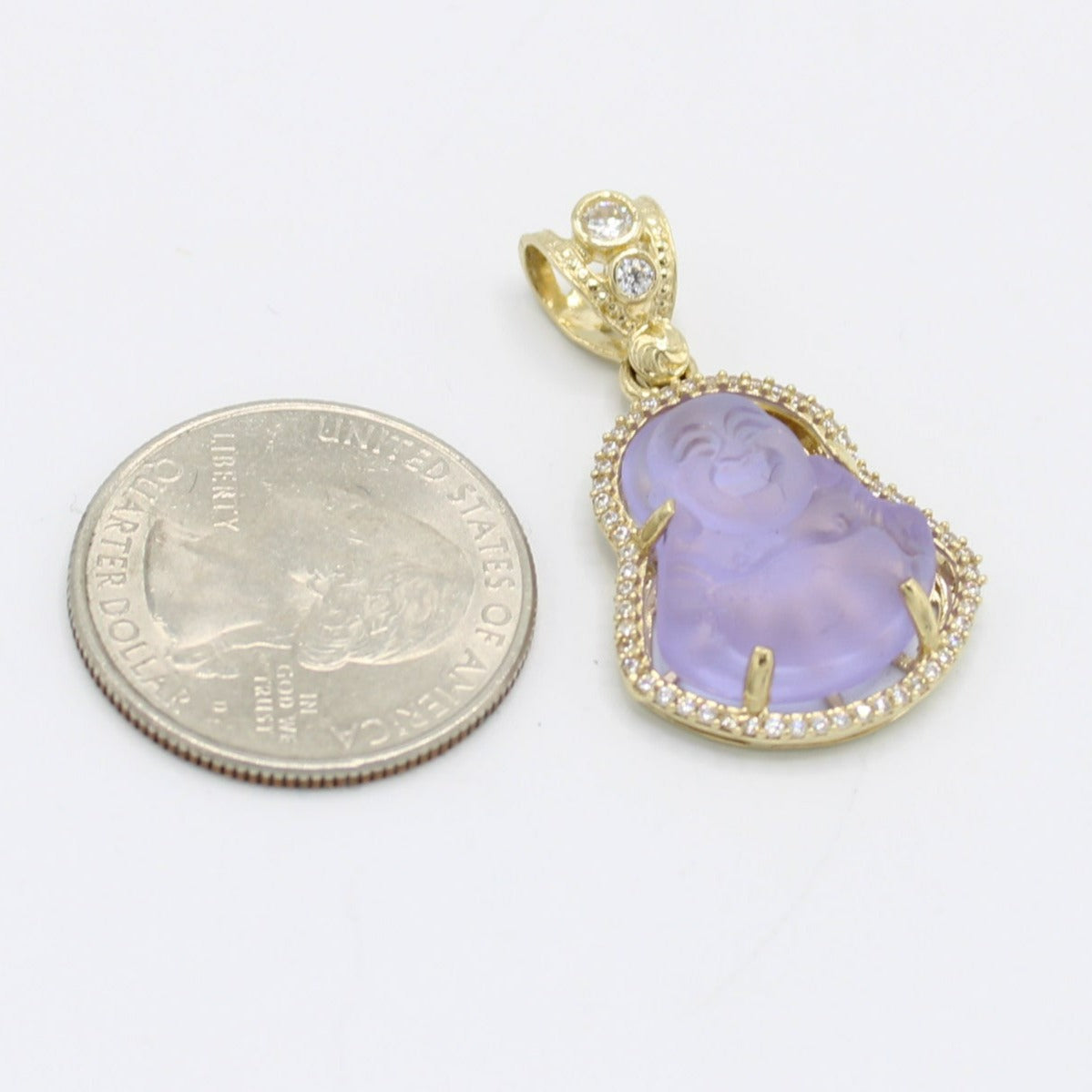 14K Buda Pendant (Small Purple Gem) Cz Stones Yellow Gold