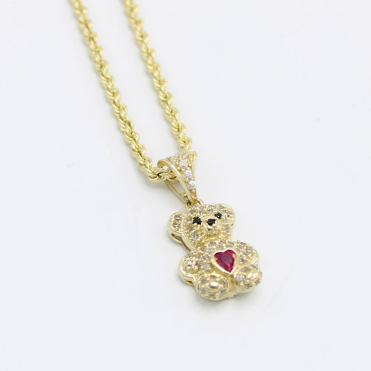 14K Teddy Bear Cz Pendant with Hollow Rope Chain Yellow Gold