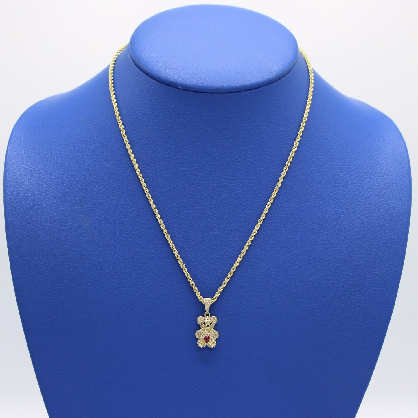 14K Teddy Bear Cz Pendant with Hollow Rope Chain Yellow Gold