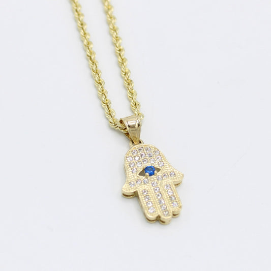 14K Hamsa Pendant Cz with Hollow Rope Chain Yellow Gold