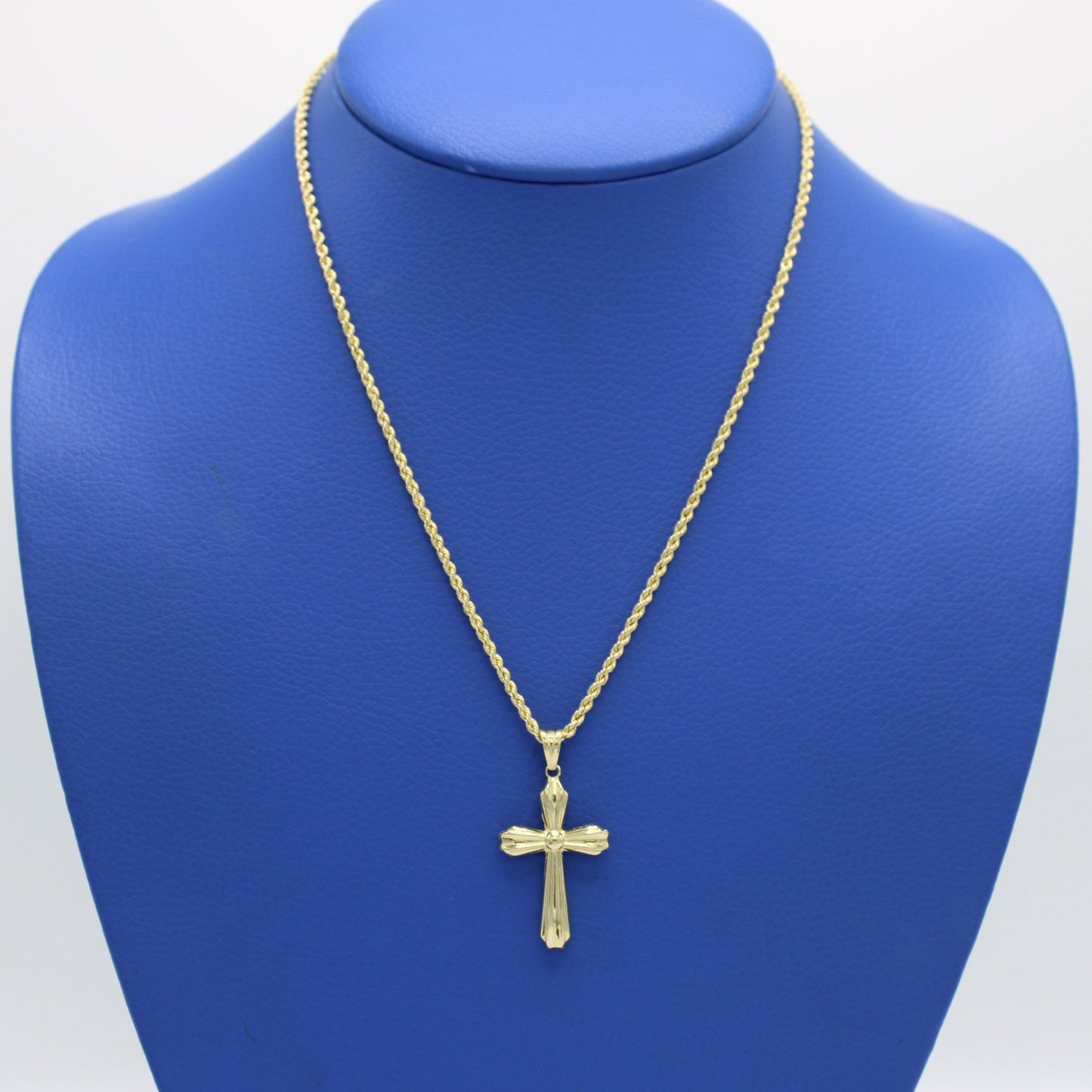 14K Cross Pendant with Hollow Rope Chain Yellow Gold