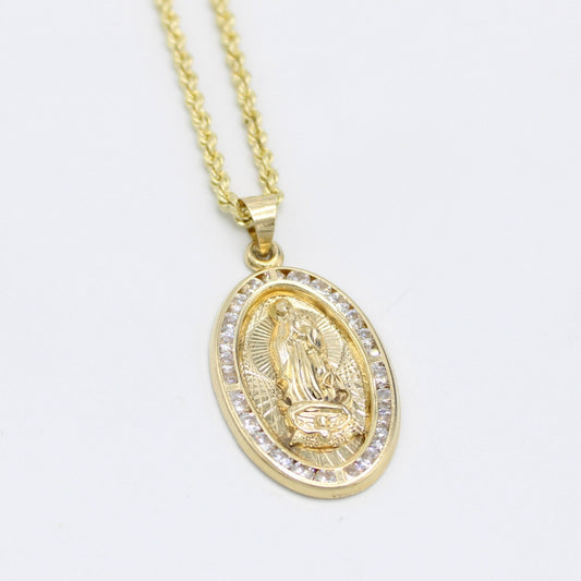 14K Guadalupe Virgen Pendant Cz Stones with Hollow Rope Chain Yellow Gold