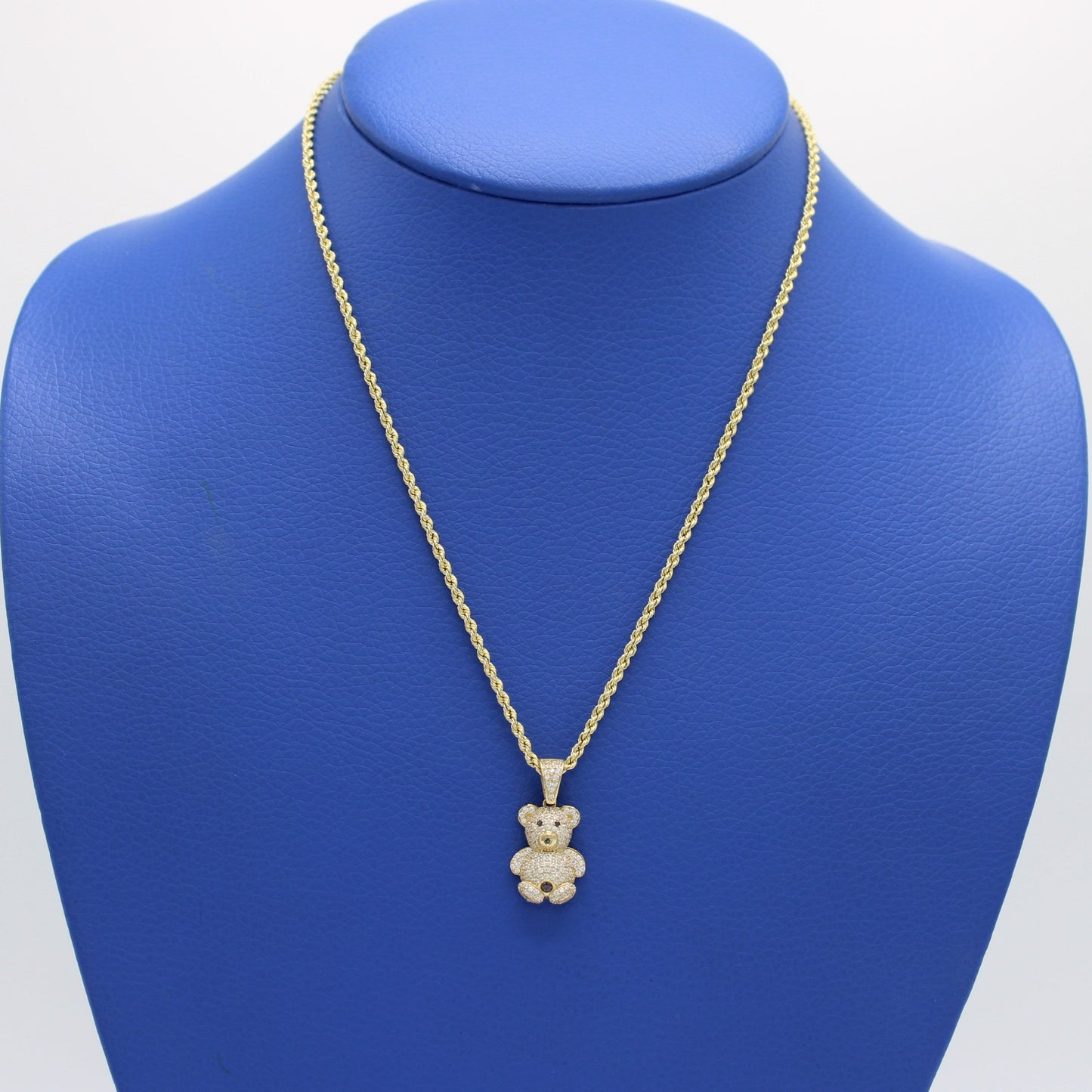 14K Teddy Bear Pendant Cz Stones with Hollow Rope Chain Yellow Gold