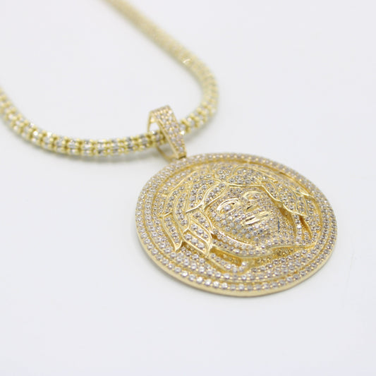 14K Medusa Pendant Cz Stones with Ice Chain Yellow Gold