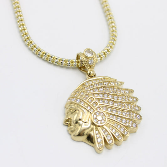 14K Indian Pendant Cz Stones with Ice Chain Yellow Gold