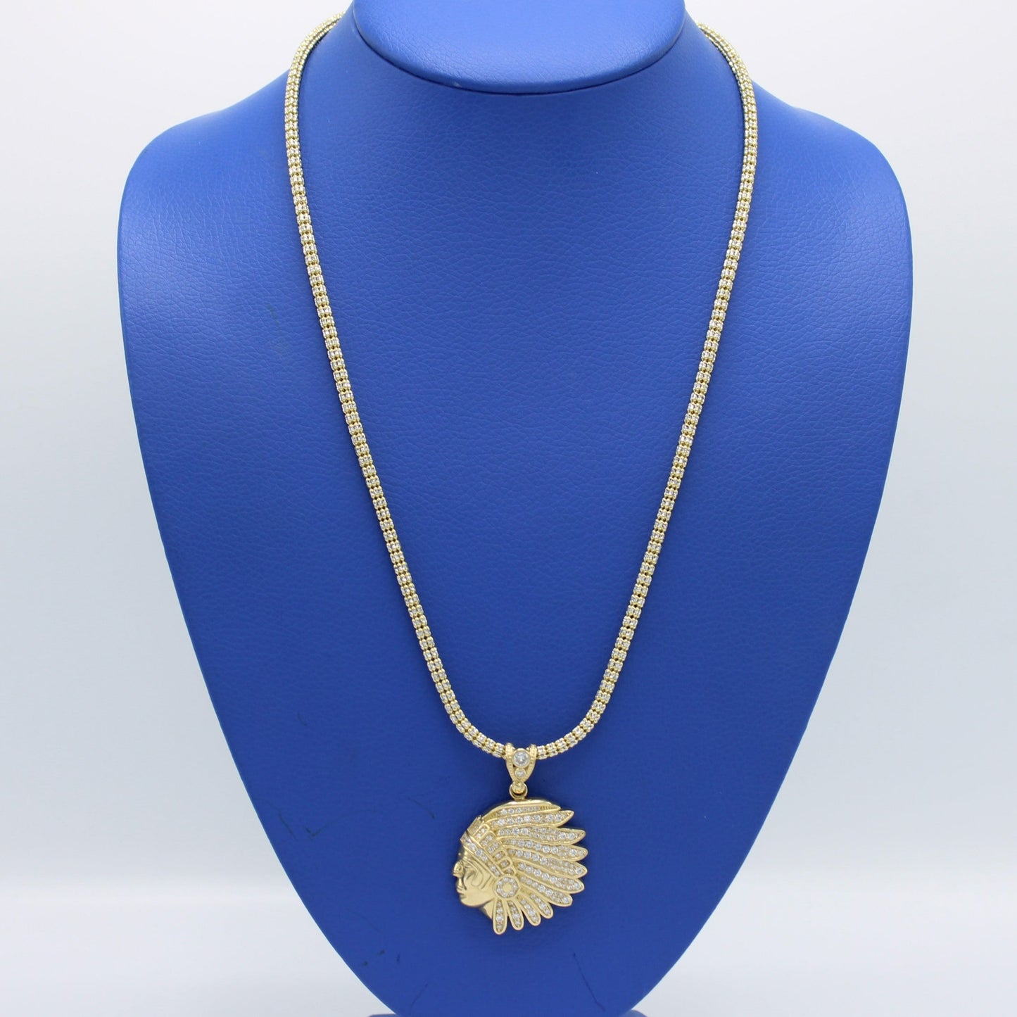 14K Indian Pendant Cz Stones with Ice Chain Yellow Gold