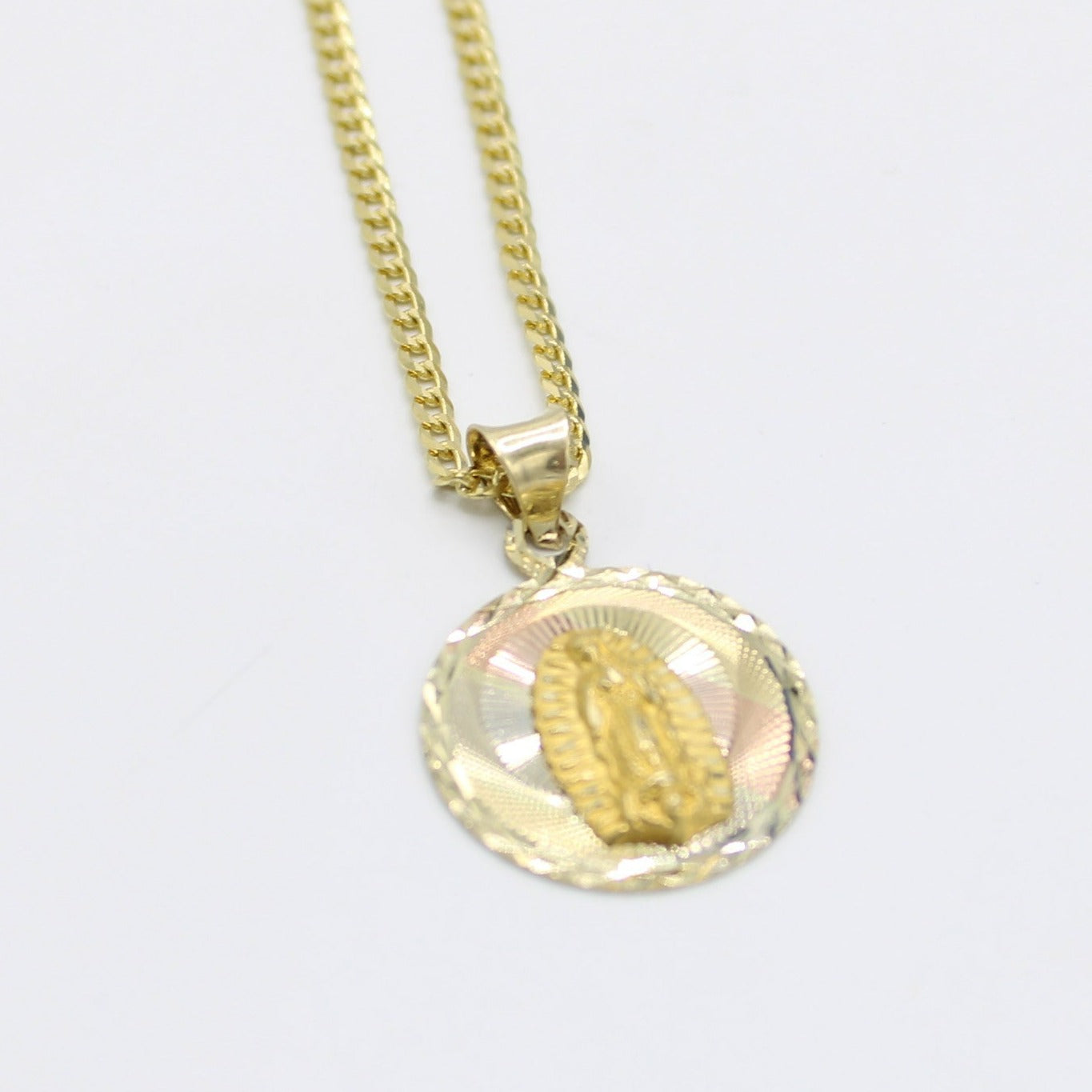 14K Guadalupe Virgen With Solid Flat Cuban Chain Yellow Gold