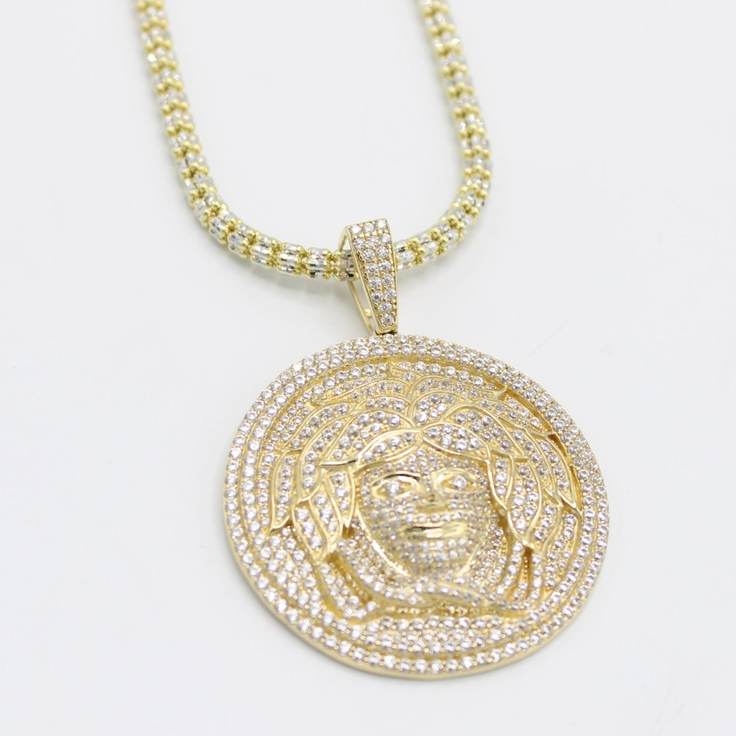 14K Medusa Pendant with Ice Chain Yellow Gold