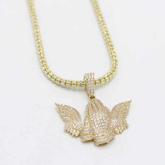 14K Pray Hands Pendant with Ice Chain Yellow Gold
