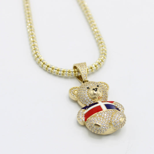 14K Teddy Bear Dominican Flag Pendant with Ice Chain Yellow Gold