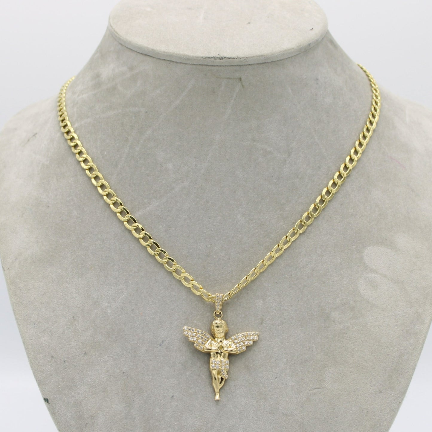 14K Angel Pendant Stone with Semi-Solid flat Cuban Chain Yellow Gold