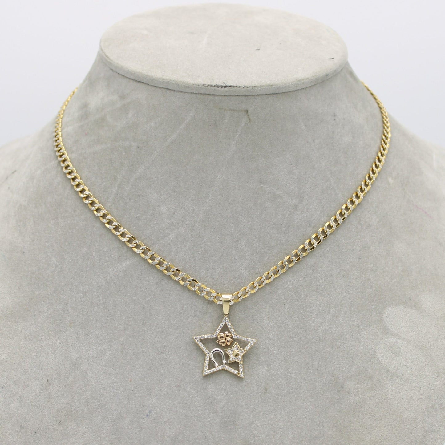 14K Star Pendant Stone with Semi-Solid flat Cuban Chain Yellow Gold