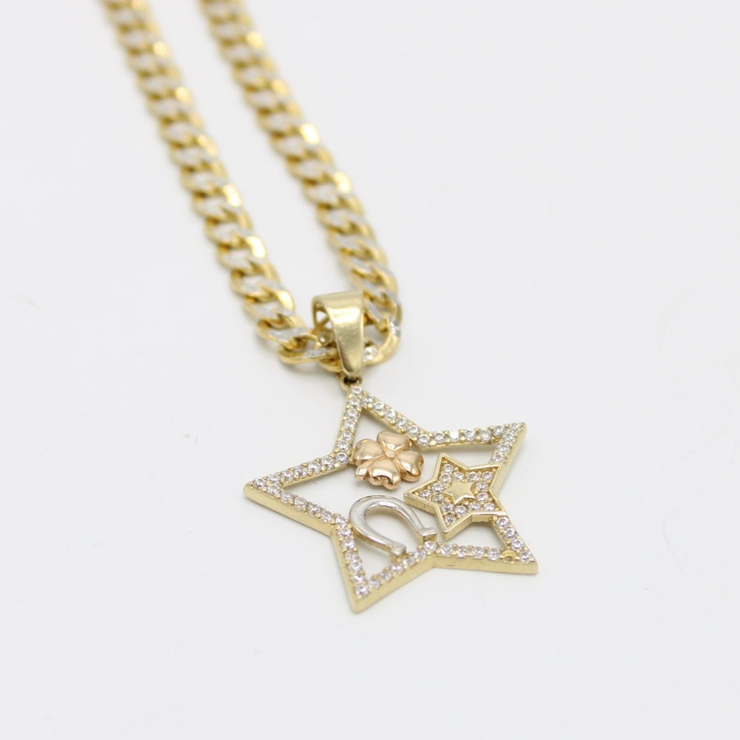 14K Star Pendant Stone with Semi-Solid flat Cuban Chain Yellow Gold