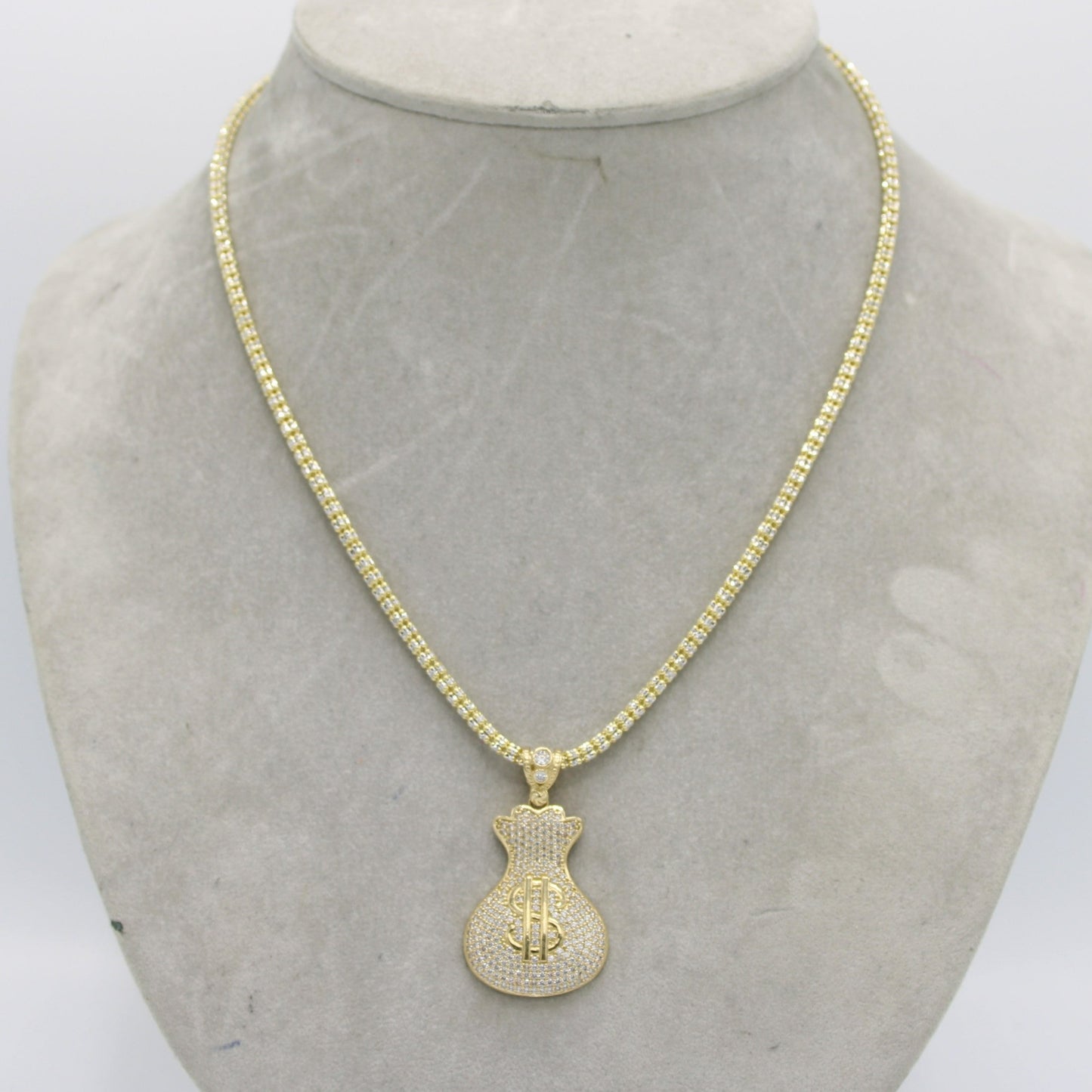 14k Money Bag Pendant with Ice Chain Yellow Gold