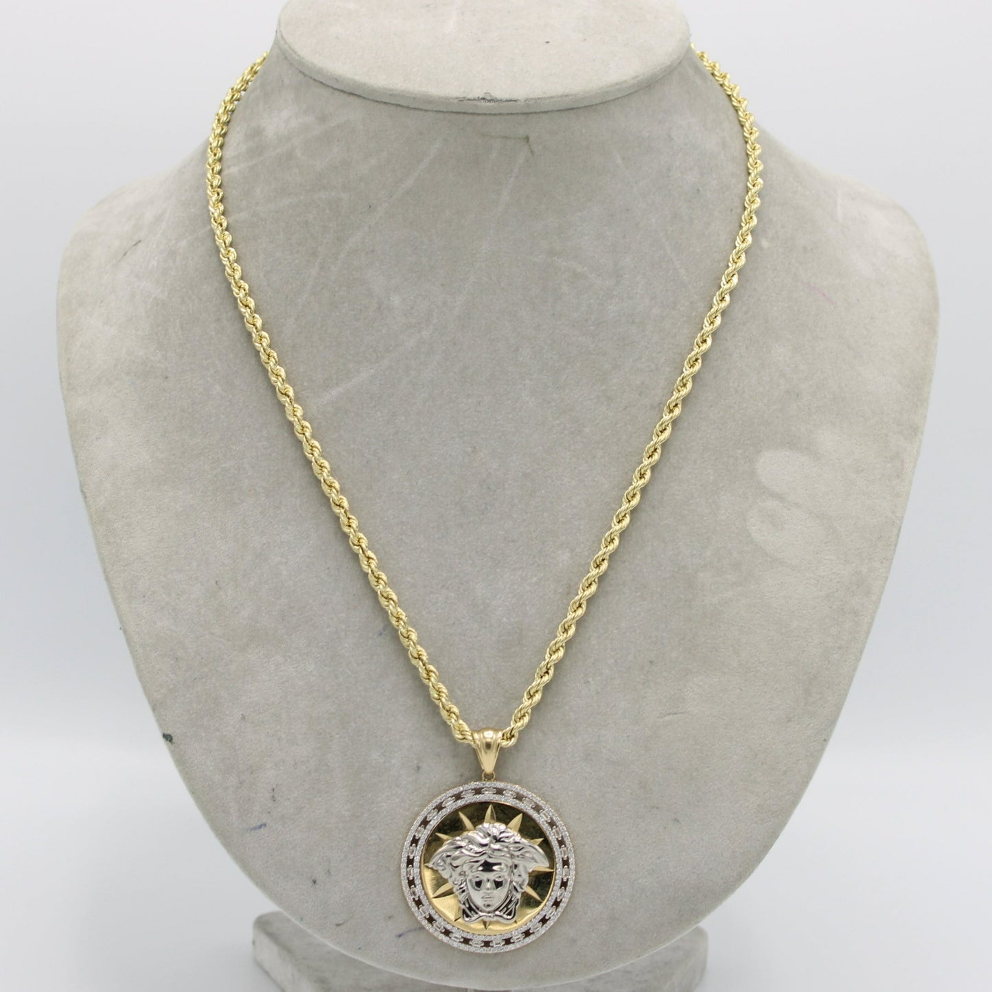 14K Medusa Cz Stones Pendant with Rope Chain Yellow Gold
