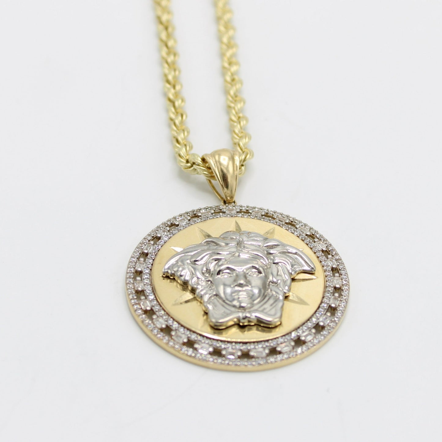 14K Medusa Cz Stones Pendant with Rope Chain Yellow Gold