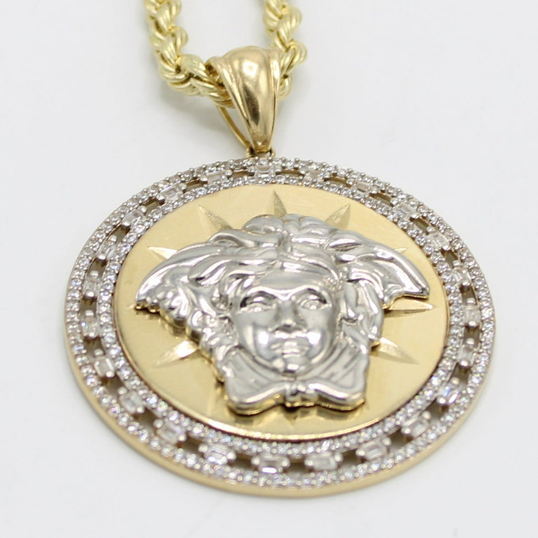 14K Medusa Cz Stones Pendant with Rope Chain Yellow Gold