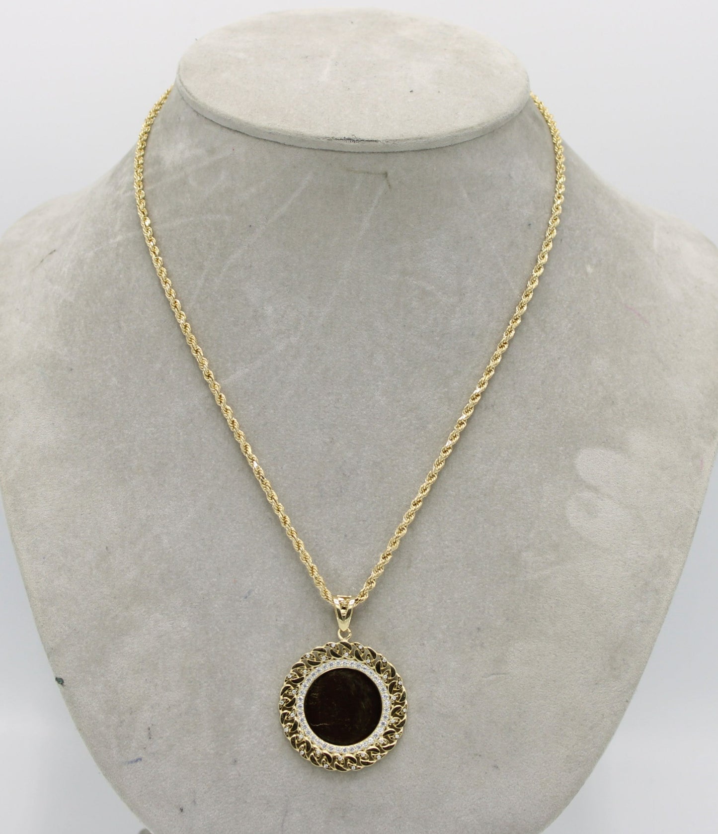 14K Round Picture Pendant Cz Stones with Rope Chain Yellow Gold