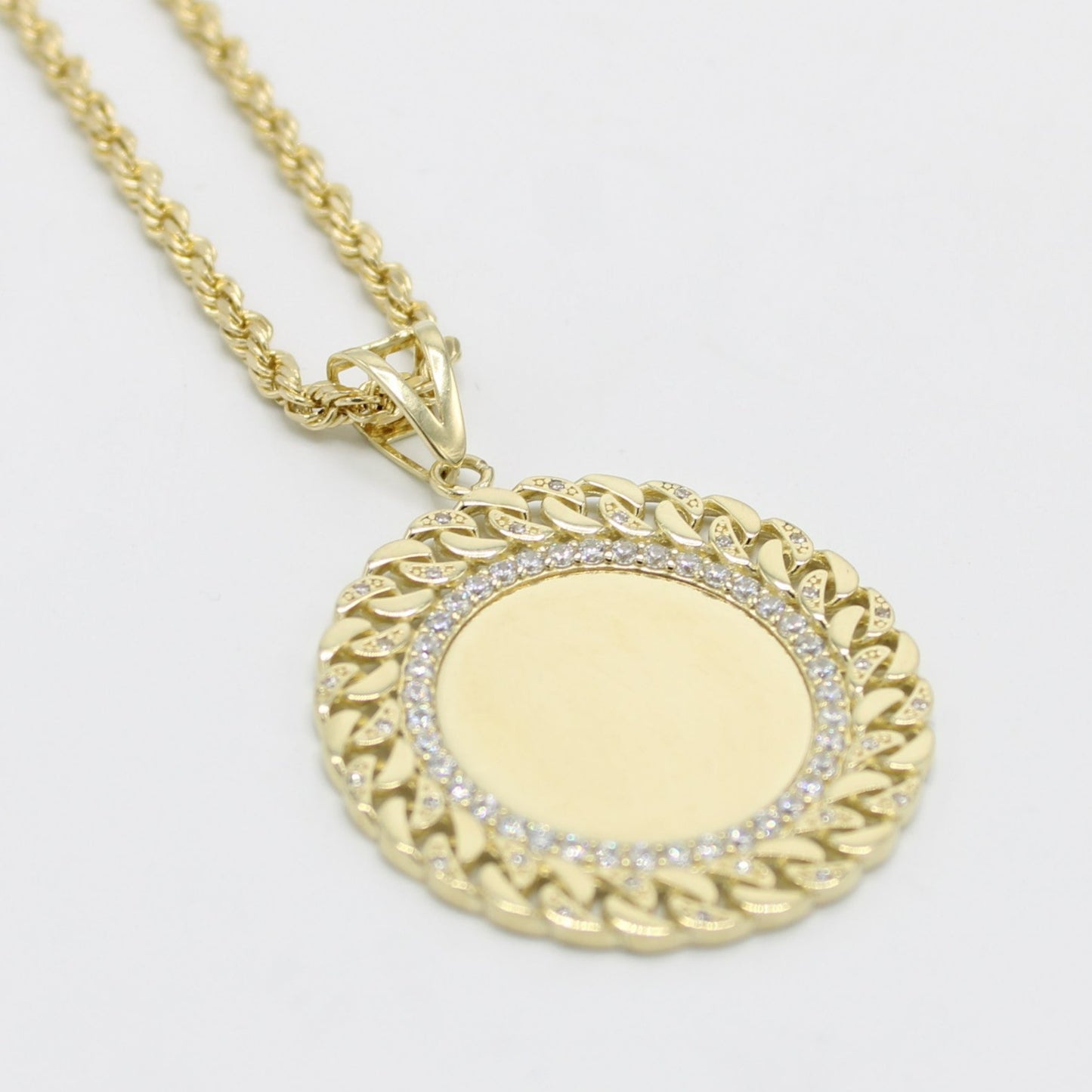 14K Round Picture Pendant Cz Stones with Rope Chain Yellow Gold
