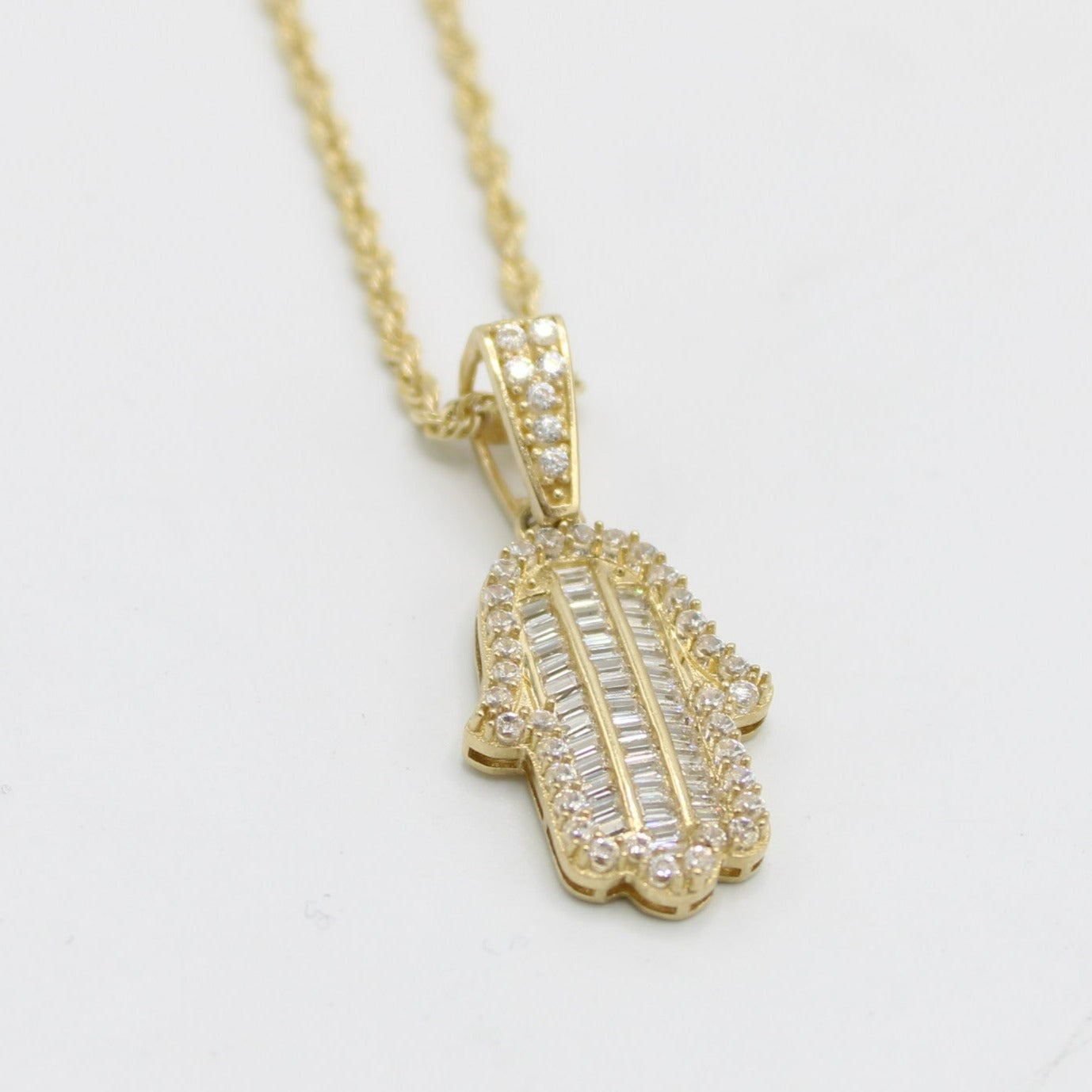 Hamsa Rope Chain 14K Hamsa Pendant Cz Stones/Baguette with Rope Chain Yellow Gold – Alex ...