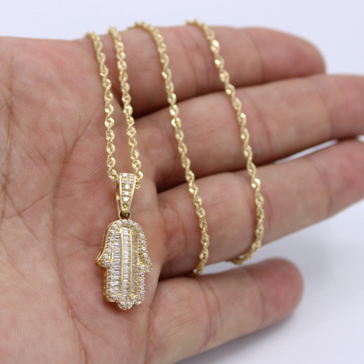 Hamsa Rope Chain 14K Hamsa Pendant Cz Stones/Baguette with Rope Chain Yellow Gold – Alex ...