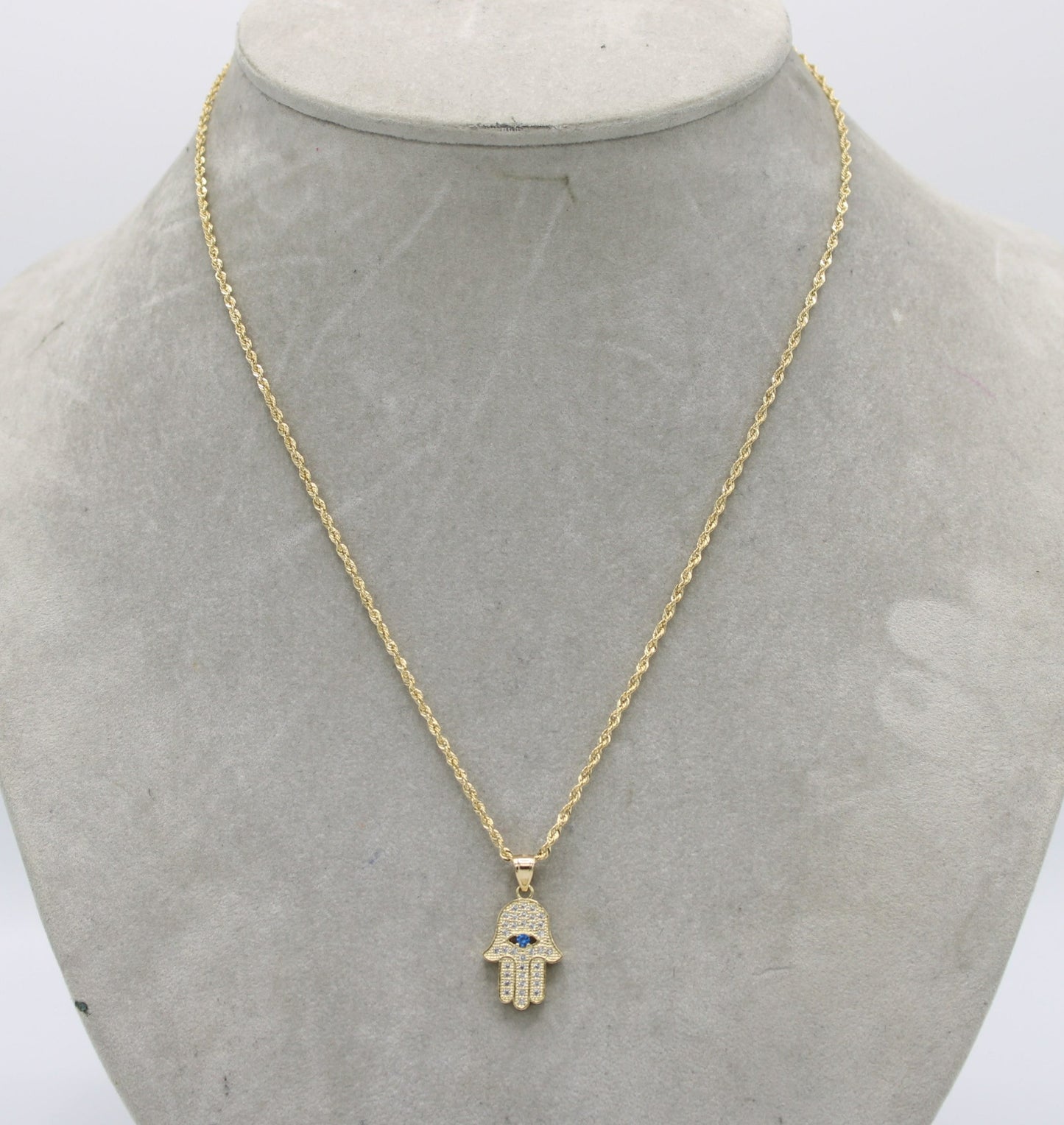 14K Hamsa Pendant Cz Stones with Rope Chain Yellow Gold