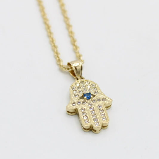 14K Hamsa Pendant Cz Stones with Rope Chain Yellow Gold
