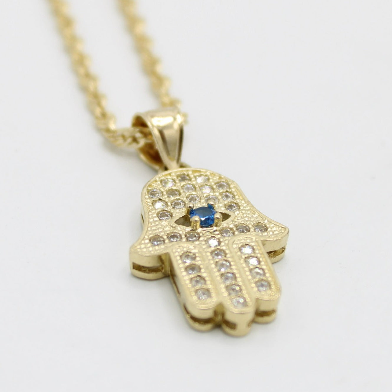 14K Hamsa Pendant Cz Stones with Rope Chain Yellow Gold