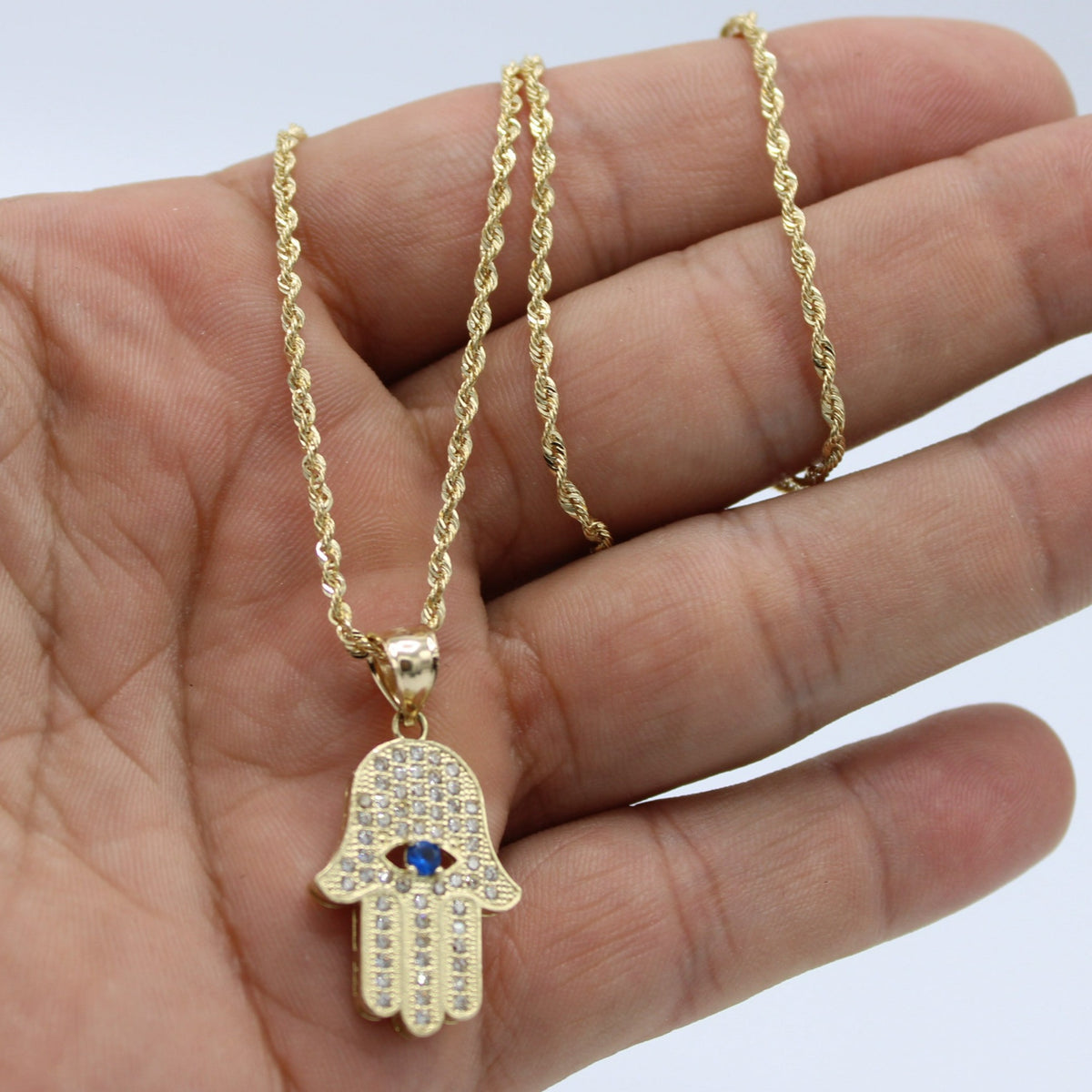 Hamsa Rope Chain 14K Hamsa Pendant Cz Stones with Rope Chain Yellow Gold – Alex Diamond ...
