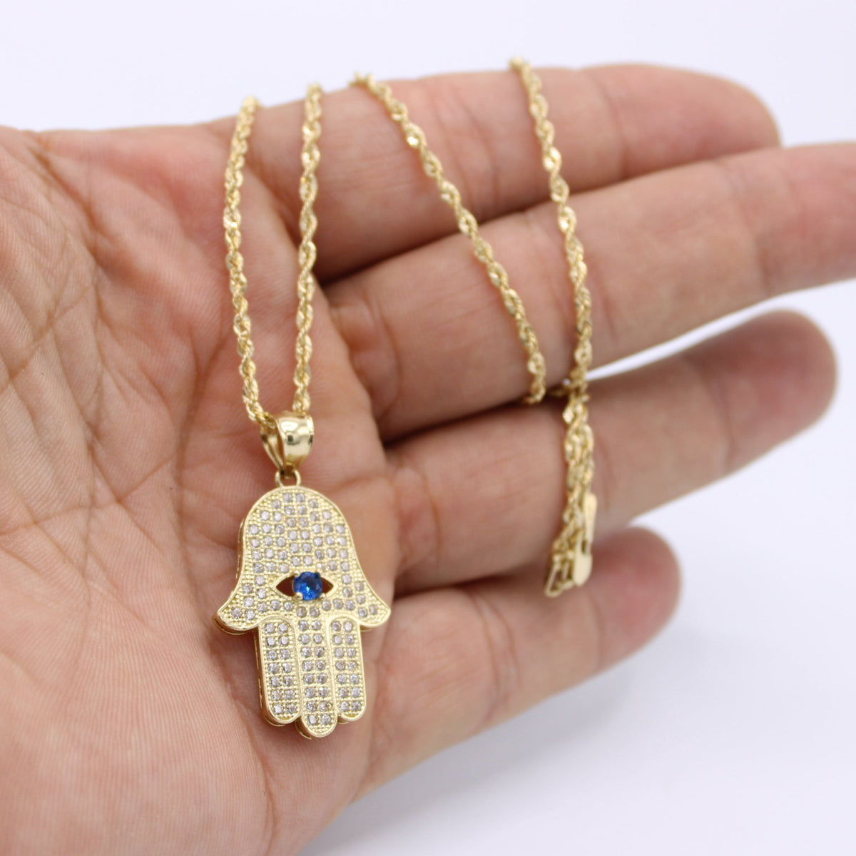Hamsa Rope Chain 14K Hamsa Pendant Cz Stones with Rope Chain Yellow Gold – Alex Diamond ...