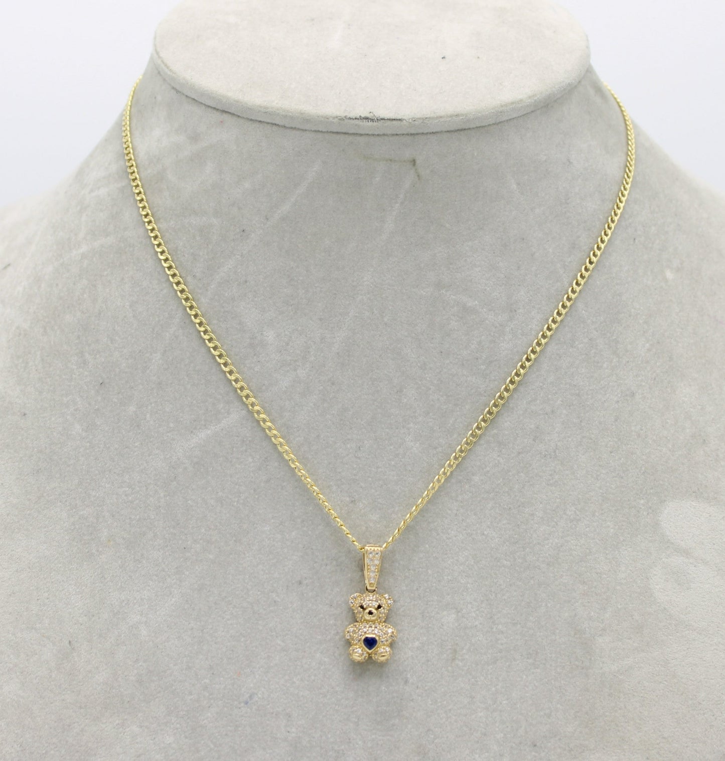 14K Teddy Bear Pendant Cz Stones with Semi-Solid Cuban Chain Yellow Gold