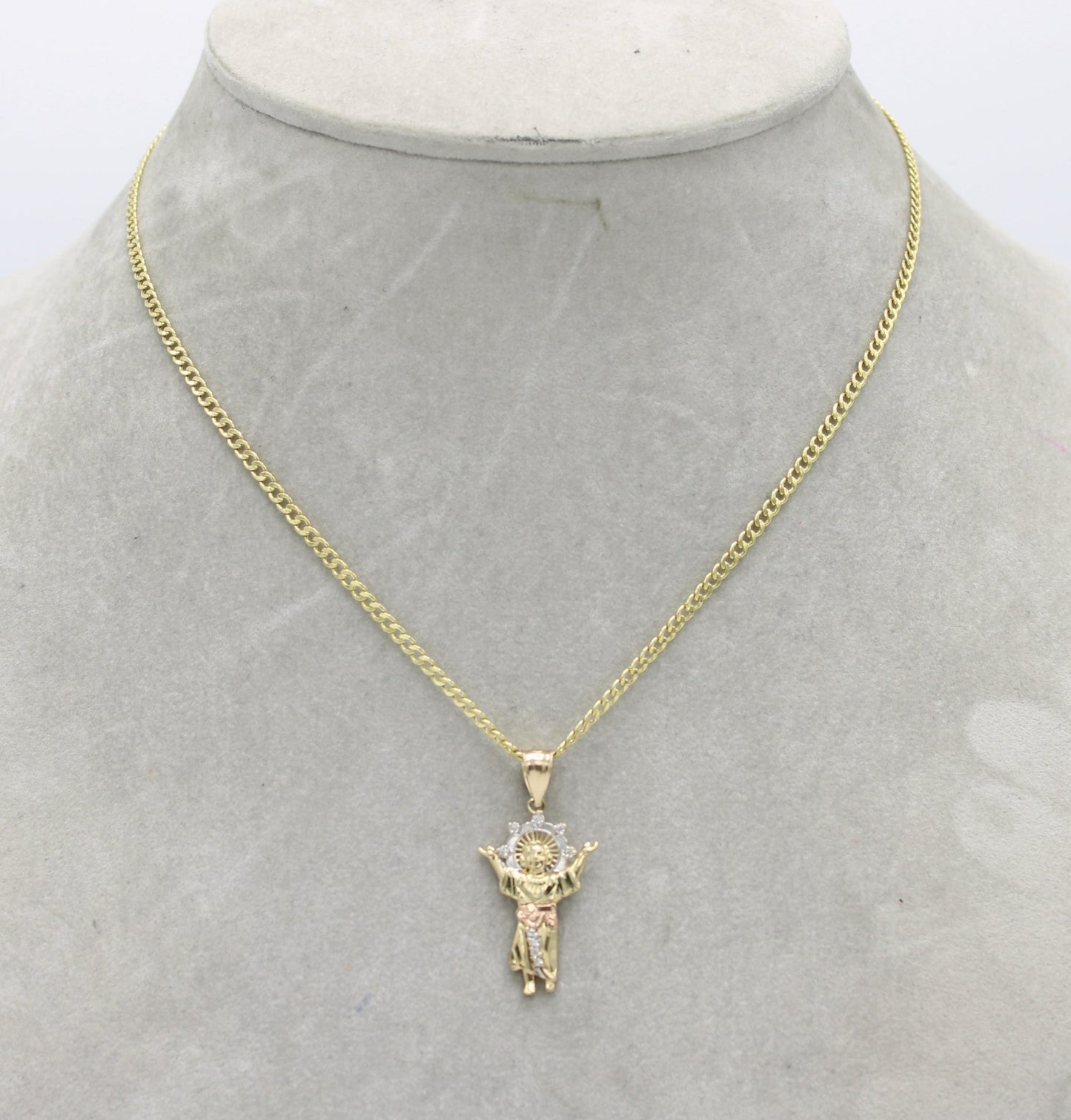 14K Divino Niño Pendant Three Tones with Semi-Solid Cuban Chain Yellow Gold