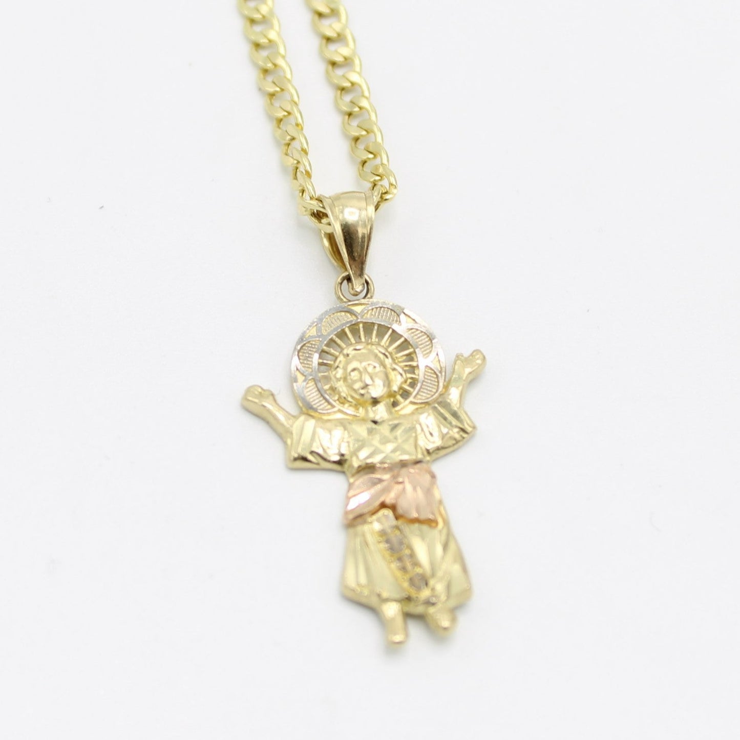 14K Divino Niño Pendant Two Tones with Semi-Solid Cuban Chain Yellow Gold