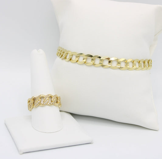 14K Men's Set Cuban Ring Cz Stones with Cuban Bracelet Yellow Gold