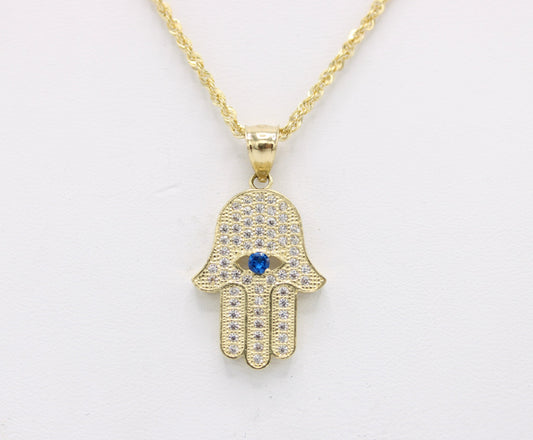 14k Hamsa Pendant Cz Stones with Rope Chain Yellow Gold