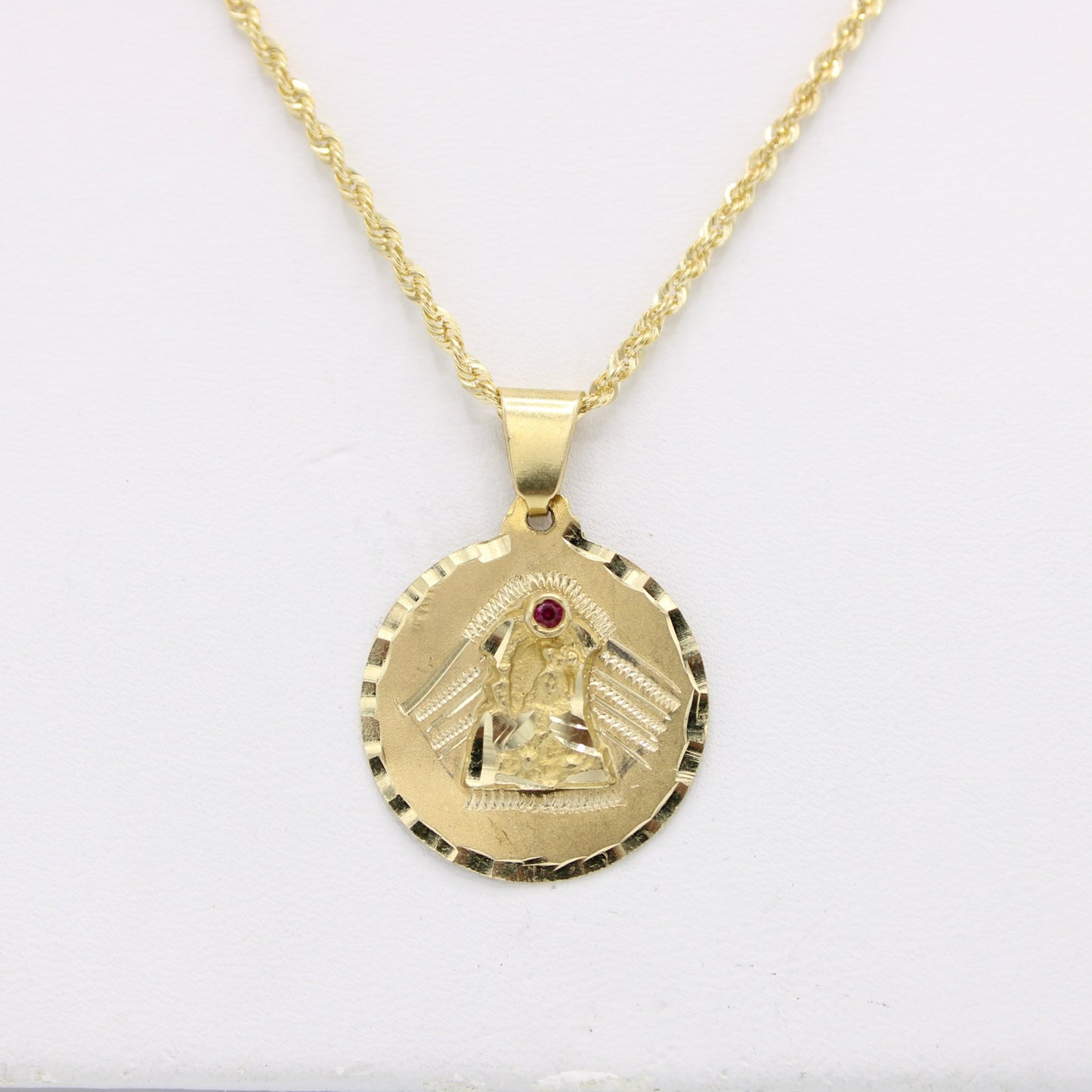 14k VirgenMaria Pendant  with Rope Chain Yellow Gold