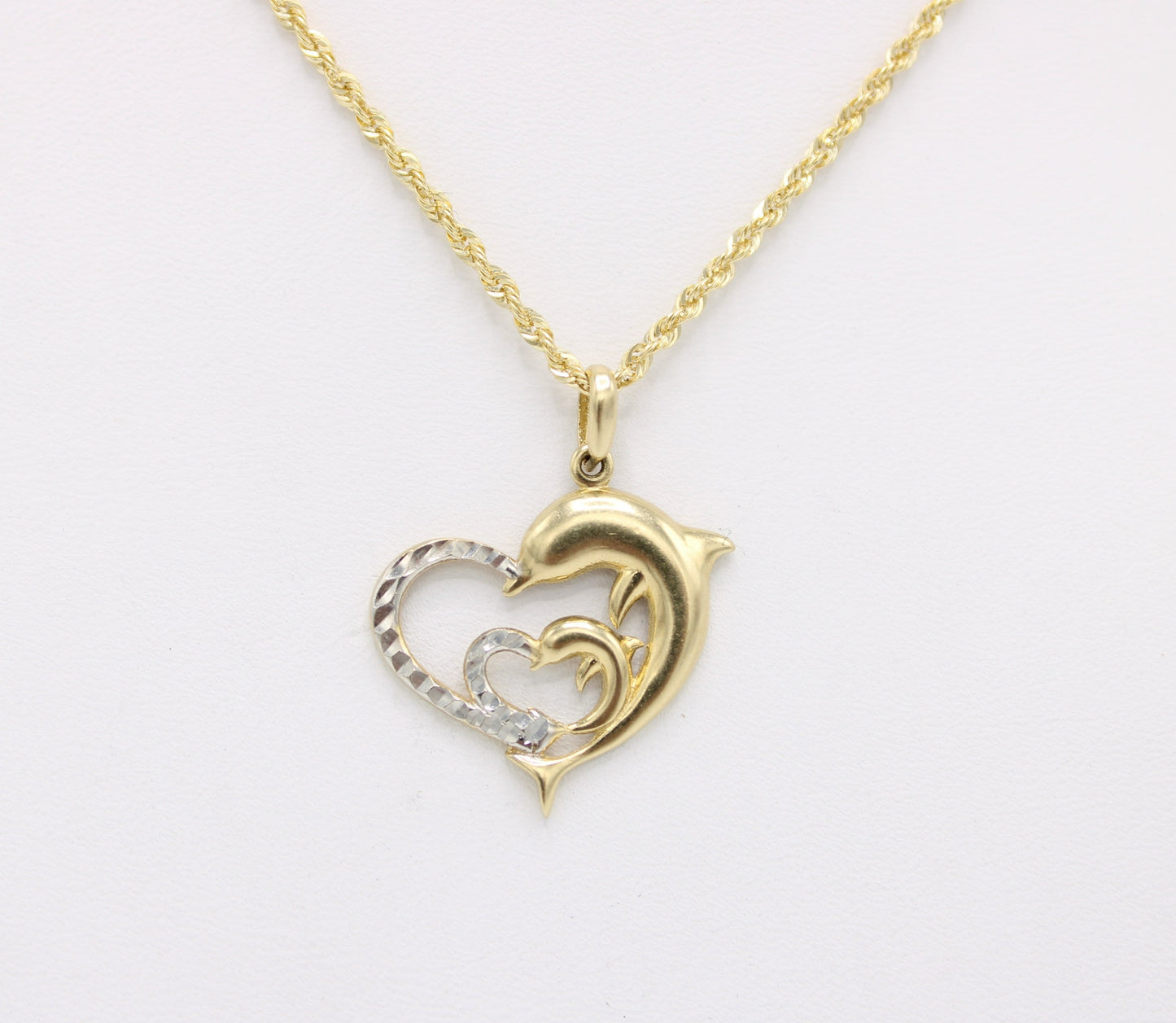 14K Heart Pendant Two Tones  with Rope Chain Yellow Gold