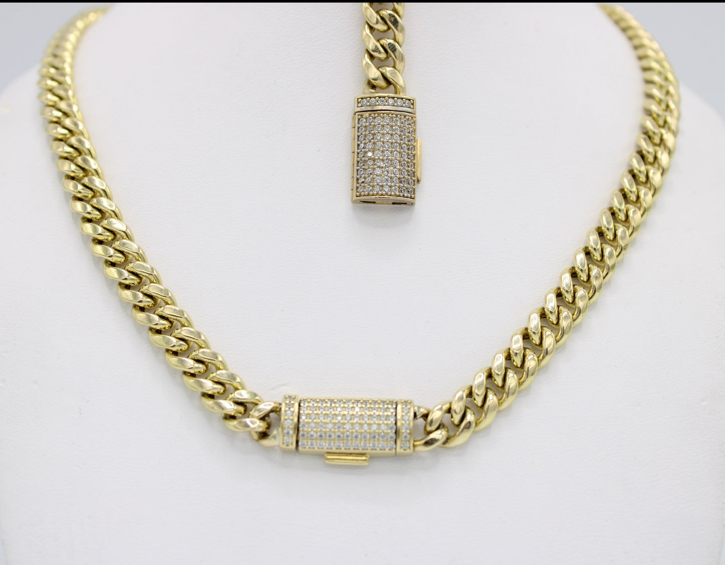 14K Set Choker Miami Cuban Link Cz Stones Yellow Gold