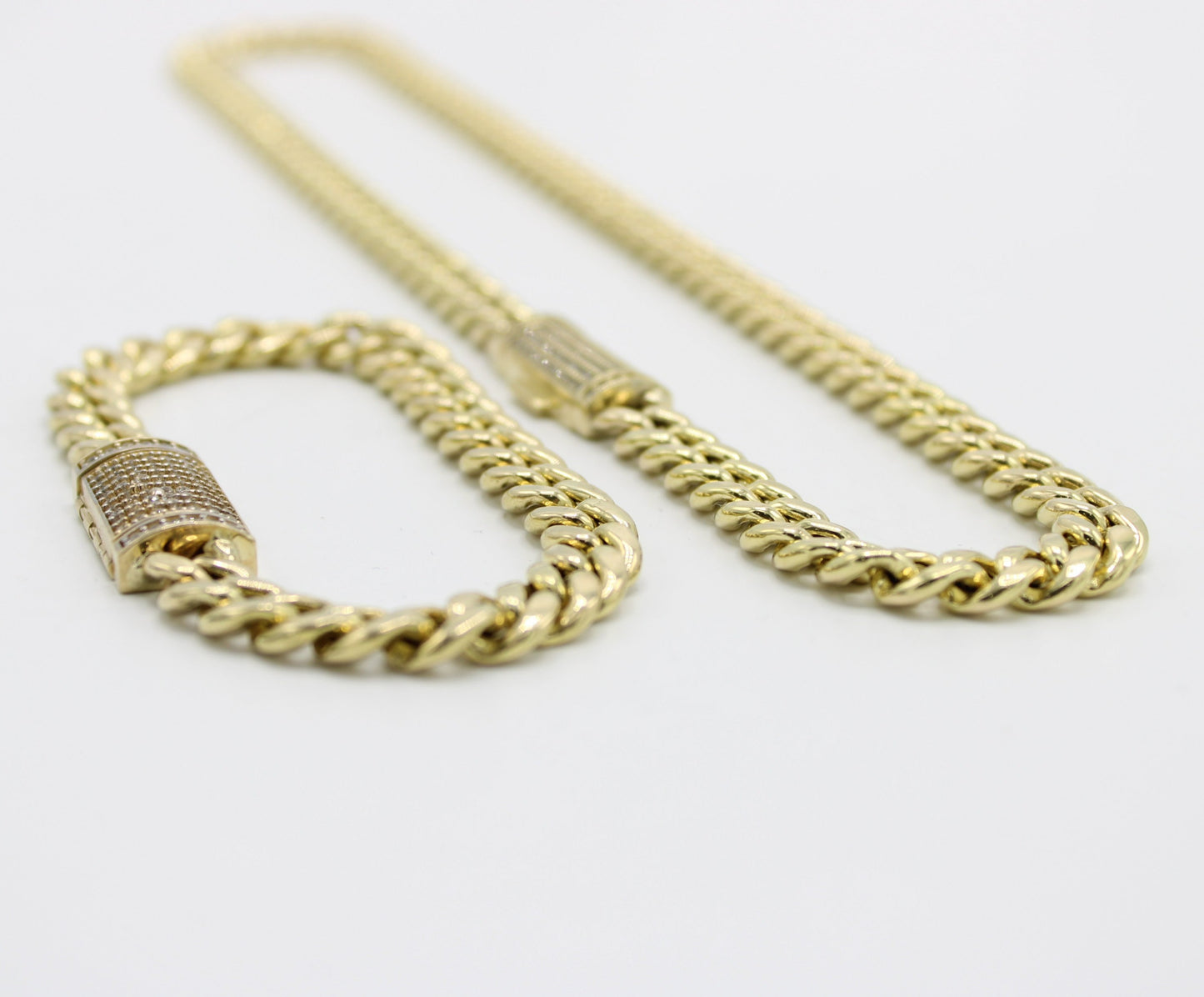 14K Set Choker Miami Cuban Link Cz Stones Yellow Gold