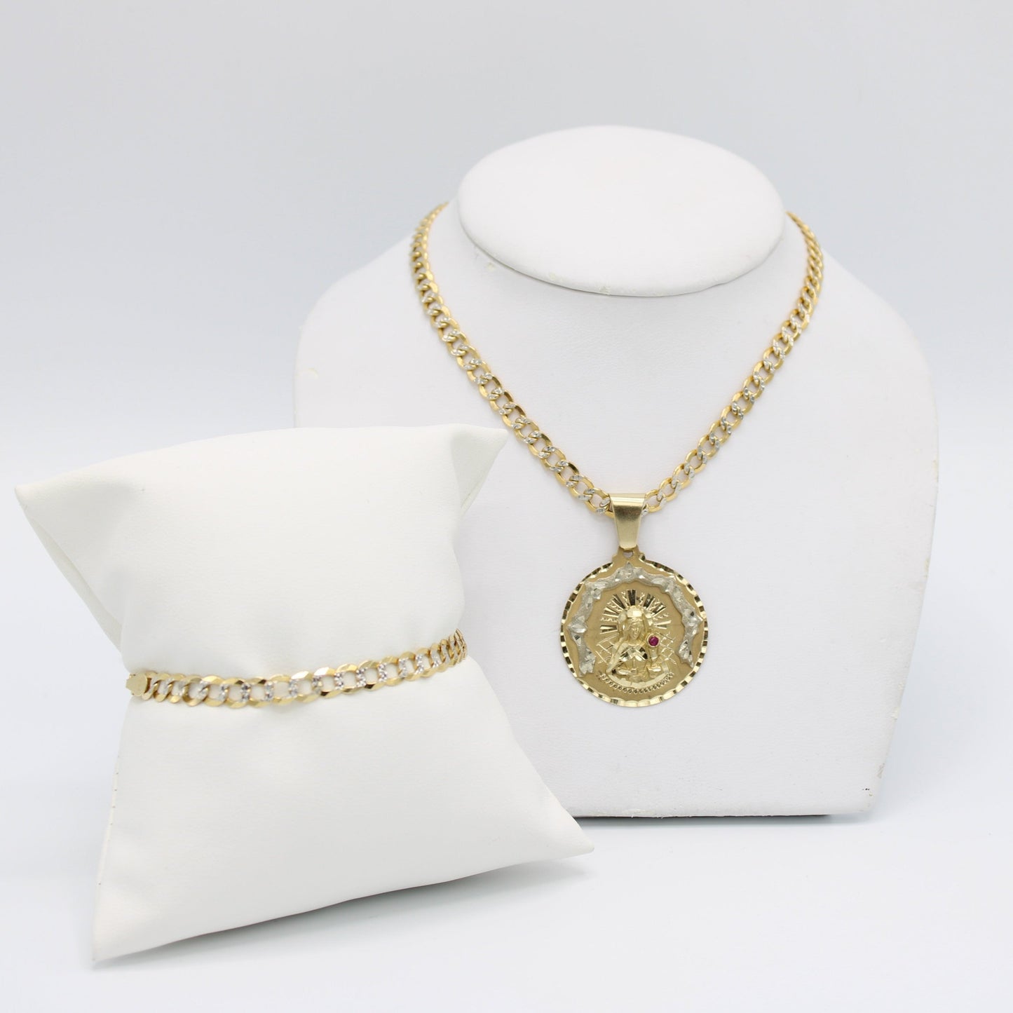 14K Set Flat Cuban Bracelet And Flat Cuban Chain with Virgen Maria Pendant Two Tones