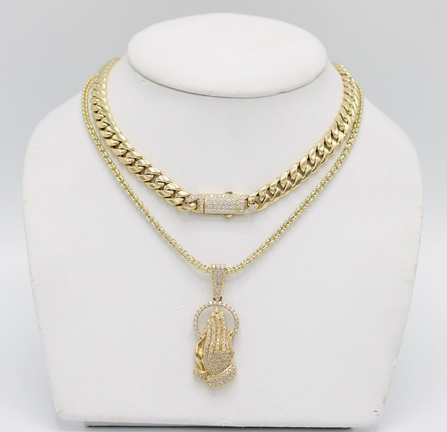 14K Set Choker Miami Cuban With Ice Chain With Pray Cz Stones Yellow Gold