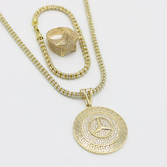 Combo 14K Round Fancy Pendant with Star Ring With Ice Chain With Bracelet Yelllow Gold