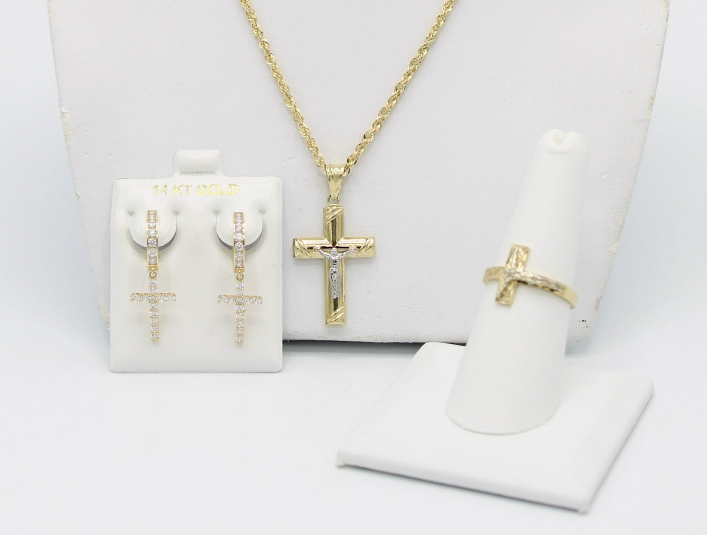 Combo 14K Cross Pendant And Cross Ring With Rope Chain And Cross Earring Cz Stones Yellow Gold