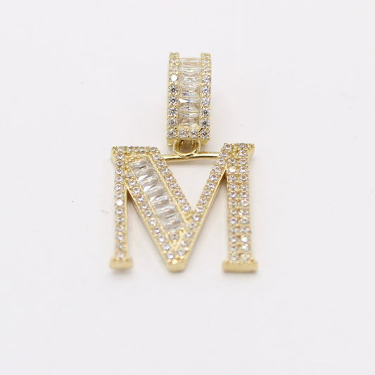 14K Initial Name ( M ) Baguette / Cz Stones Yellow Gold